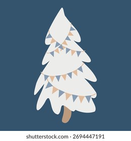 Ilustração plana vetorial de uma árvore de Natal em estilo retrô. Silhueta vintage de uma árvore branca com uma grinalda de papel em um fundo azul escuro. Árvore decorativa simplificada de Ano Novo