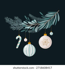 Ilustración plana de Vector de una rama de árbol de Navidad con adornos colgantes sobre un fondo oscuro, elemento de diseño de vacaciones de invierno festivo minimalista para tarjetas de felicitación, carteles, Anuncios, redes sociales, empaques y gráficos de temporada.