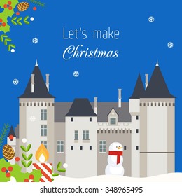 Vector flat illustration with Christmas winter city. 