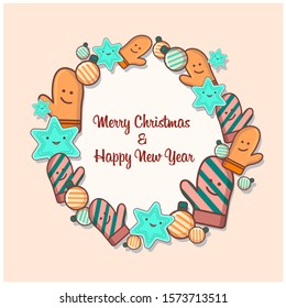 Vector flat illustration of a christmas wreath made of cartoon objects