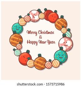 Vector flat illustration of a christmas wreath made of cartoon balls