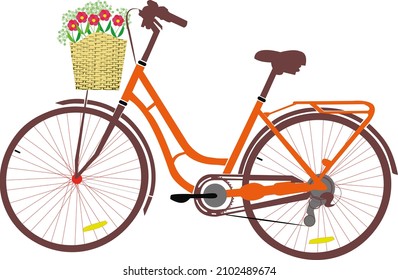 Vector flat illustration of city bike with basket of flowers
