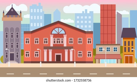 Vector flat illustration city buildings, road. Horizontal banner. Office and family real estate. Cartoon empty street