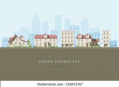 Vektorgrafik der Stadtlandschaft. Elemente werden separat in einer Vektordatei angeordnet. Leicht editierbar. 
