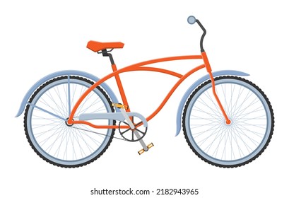 Vector flat illustration of city orange bicycle isolated object. Transportation vehicle in classic style. Element design of urban mobility, cycling activity, street sport hobby, entertainment