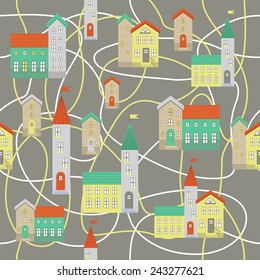 Vector flat illustration of a city in vintage style. Seamless pattern on gray background
