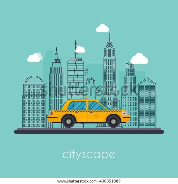 Vector flat illustration cityscape with downtown\
houses. Urban cityscape with taxi. Flat design modern vector\
illustration concept.