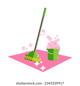 vector flat illustration - cleaning, mopping, mop and bucket with detergent and foam from soap bubbles.