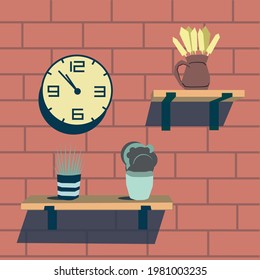 vector flat illustration with clock and shelves on the brick wall