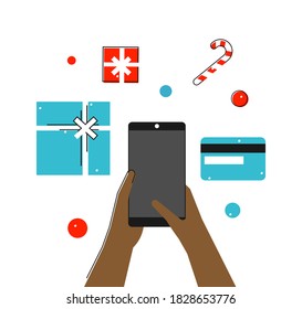 Vector flat illustration with close up hands of person. He enters credit card details to order presents on website before Christmas time. He uses mobile app of e-commerce marketplace. Online shopping