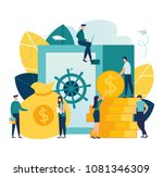 Vector flat illustration, closed bank safe, dollars in a deposit box and a cash bag, safe savings, a money deposit, bank employees, investing money on an account vector
