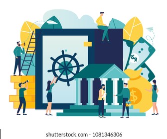 Vector Flat Illustration, Closed Bank Safe, Dollars In A Deposit Box And A Cash Bag, Safe Savings, A Money Deposit, Bank Employees, Investing Money On An Account Vector