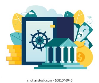 Vector Flat Illustration, Closed Bank Safe, Dollars In A Safe Deposit Box And A Money Bag, Safe Savings, A Depository Of Money, Investing Money In An Account, The Main Bank