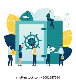 Vector flat illustration, closed bank safe, dollars in a deposit box and a cash bag, safe savings, a money deposit, bank employees, investing money on an account vector