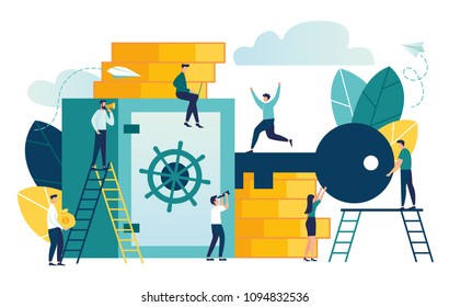 Vector Flat Illustration, Closed Bank Safe Open With A Key, Dollars In A Deposit Box And Bag, Safe Deposit, Cash Deposit, Bank Employees, Investing Money In An Account Vector