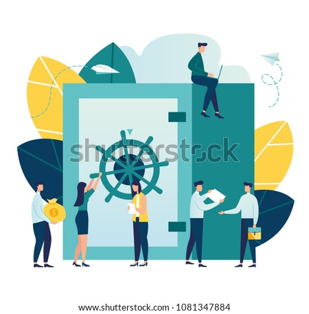 Vector flat illustration, closed bank safe, dollars in a deposit box and a cash bag, safe savings, a money deposit, bank employees, investing money on an account vector