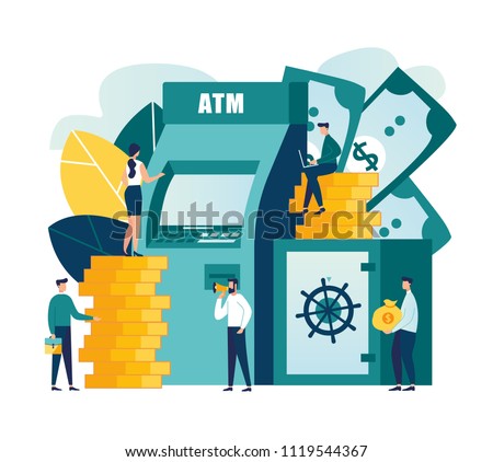 Vector flat illustration, closed bank safe, dollars in a deposit box and a cash bag, safe savings, a money deposit, bank employees, investing money on an account