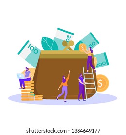 Vector Flat Illustration Closed Purse Cash Banknotes Gold Coins Man Sitting on Pile of Cents People Save Accumulate Money Bankers Working Investment Business Team Success Income Growth Metaphor Banner