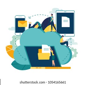 Vector flat illustration, cloud storage, data processing, message sending, illustration for web design marketing and printed materials. Vector flat illustration, cloud storage, data processing, message sending, illustration for web design marketing and printed materials.