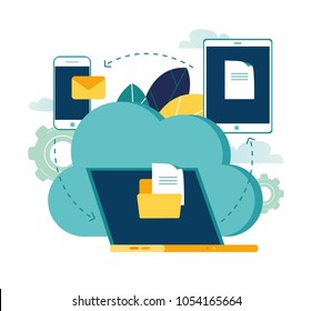 Vector Flat Illustration, Cloud Storage, Data Processing, Message Sending, Illustration For Web Design Marketing And Printed Materials.