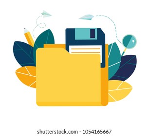 Vector flat illustration, cloud storage, data processing, message sending, illustration for web design marketing and printed materials.