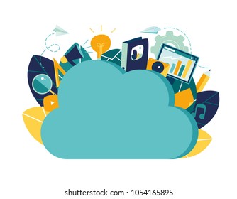 Vector flat illustration, cloud storage, data processing, message sending, illustration for web design marketing and printed materials vector