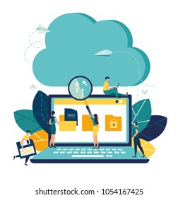 Vector flat illustration, cloud storage, tracking downloads to the cloud, data transfer folders with documents, data storage vector