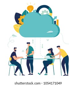 Vector Flat Illustration, Cloud Storage, Tracking Downloads To The Cloud, Data Transfer Folders With Documents, Data Storage,brainstorming, Teamwork Vector