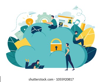 Vector flat illustration, cloud storage, data processing, message sending, illustration for web design marketing and printed materials.