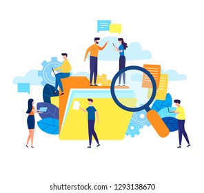Vector flat illustration, cloud storage, data processing, message sending, illustration for web design marketing and printed materials, banners, blogs, small people are working with documents