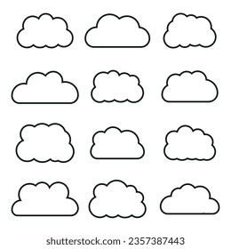 Vektorflache Illustration. Wolken auf schwarzem Umriss einzeln auf weißem Hintergrund. Ideal für Textildesign, Aufkleber und mehr.