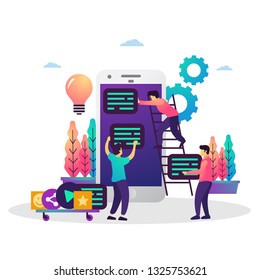 Vector flat illustration of co working team mobile app development. Suitable for web banner, poster, ui, flyer, mobile app.