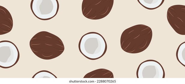 Vector flat illustration. Coconut and coconut halves on a light background. Seamless background for your design. Ideal for advertising, packaging, textiles or posters.