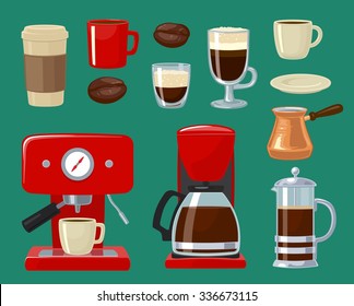 Vector flat illustration coffee icon set isolated on color background. For web, poster, menu, cafe and restaurant.