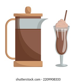 Vector flat illustration of coffee pot and cappuccino. Hot fragrant coffee dessert. Cappuccino, mocha, espresso. Glass of hot chocolate or cocoa.