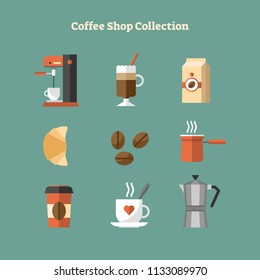 Vector flat illustration with coffee shop collection icon set. Isolated machine, latte, milk pack, croissant, beans, kettle, takeaway cup and cappuccino mug. Hipster kitchenware and retro lifestyle.