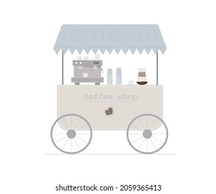 Vector flat illustration of coffee shop cart. Cute cartoon kiosk on wheels portable store idea for festival vector illustration isolated on white background.