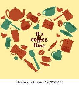 Vector flat illustration, It's coffee time lettering, Set with coffee cup, beans, glass, decoration and sweets of a heart 