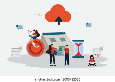 ilustración plana vectorial Colaborando con gente de negocios mediante el uso de computadoras y grandes datos cargados en la nube para que en el futuro ya no tengamos que trabajar en la oficina.