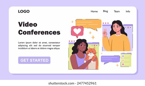 Vector flat illustration. Colleagues communicate in an online conference, sharing moments of work and communication with their pets.