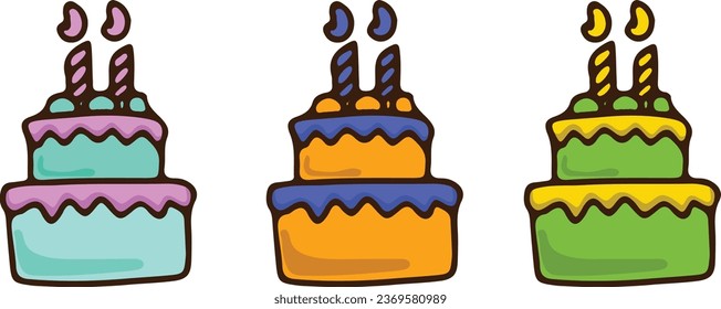 vector flat illustration of a collection of birthday cakes, cookies, sponge cake, cream cake, of different colors and flavors.