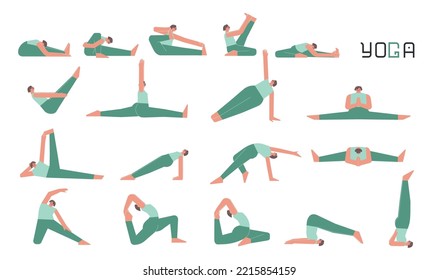 Vector flat illustration collection with female adult character doing yoga. European woman learns sitting stretching postures. Set of basic sports exercise for beginners