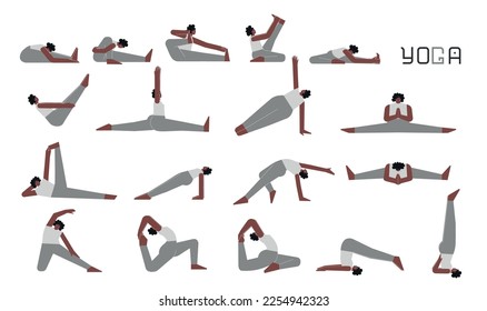 Vector flat illustration collection with female adult character doing yoga. African American woman learns sitting stretching postures. Set of basic sports exercise for beginners