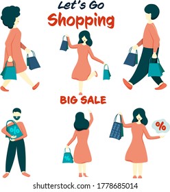 Vector flat illustration. Collection of people carrying shopping bags. Men and women taking part in seasonal sales in a shop, mall. Let's go shopping lettering. Big sale lettering.