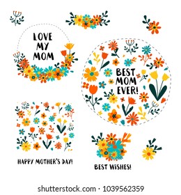 Vector flat illustration collection, set for greeting card design with stylish text for Mother's Day with colorful flowers decorated.