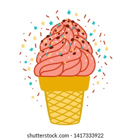 Vector flat illustration with color ice cream. Hand drawn ice cream on white background. Cute ice cream cone with color topping. Summer design for print, textile, postcard 