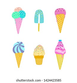 Vector flat illustration with color ice cream. Hand drawn ice cream on white background. Cute ice cream cone with color topping. Summer design for print, textile, postcard