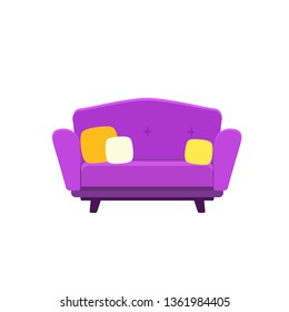 Vector flat illustration of colored small sofa with pillows isolated on white background 
