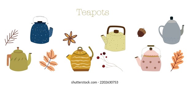Vector flat illustration. Colorful cute teapots. Kitchen elements isolated on a white background.