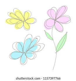 Vector flat illustration of colorful flowers. Isolated on white background. Grey outline and color. Doodles. Sketch.
